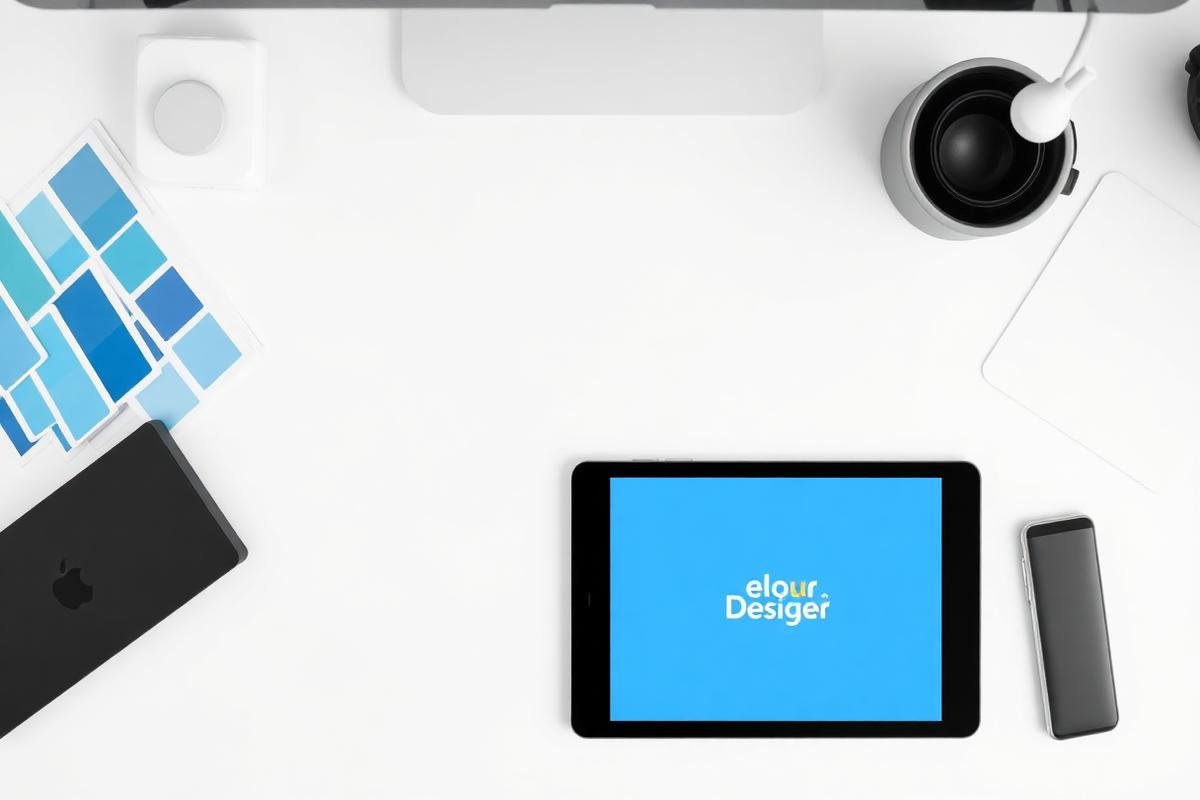 Designer desk with colour swatches and tablet